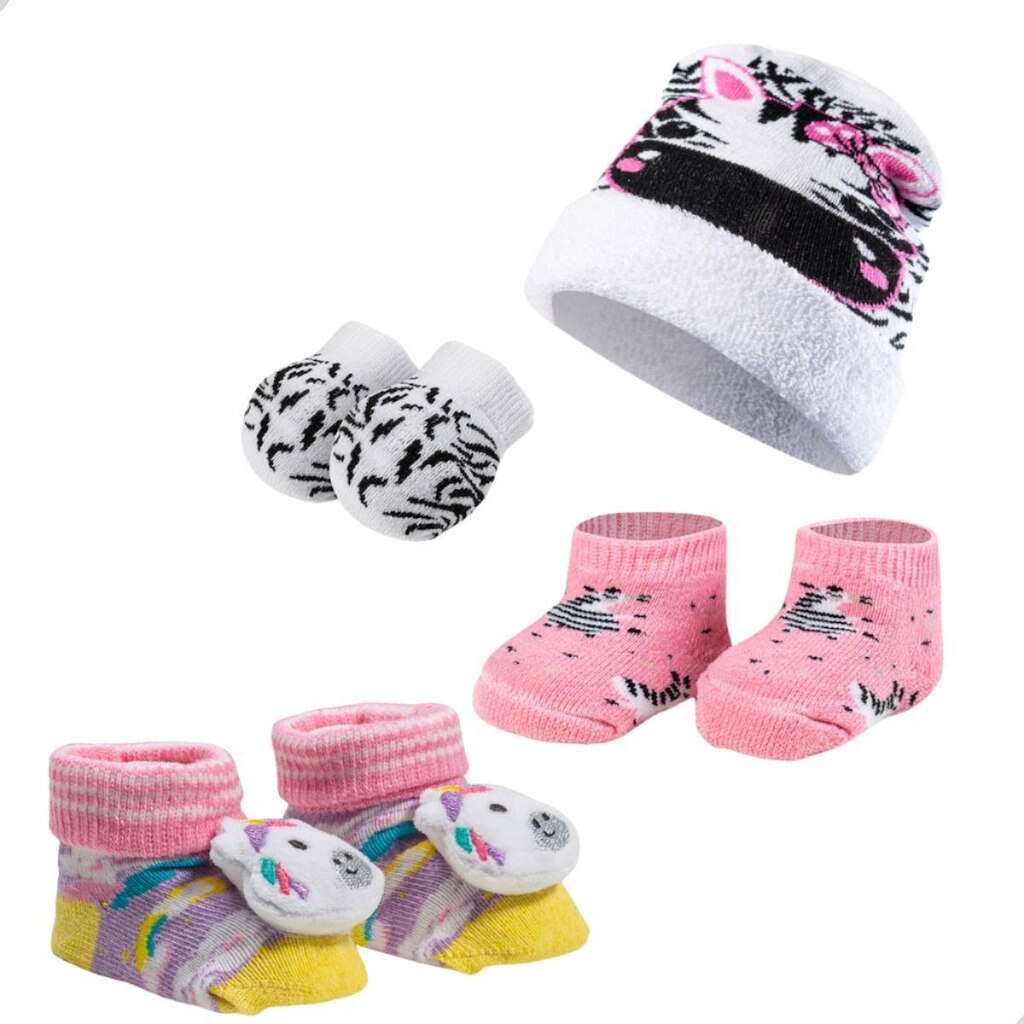 Conjunto de Meia Pantufa Touquinha e Luvinha para Bebe Recem Nascido Algodao