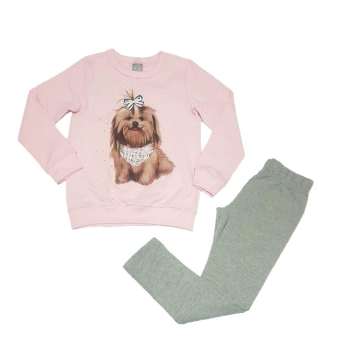 Conjunto de moletom infantil menina estampa cachorrro Mundi - Rosa+Cinza Menor preço em Conjunto de moletom infantil menina estampa cachorrro Mundi - Rosa+Cinza