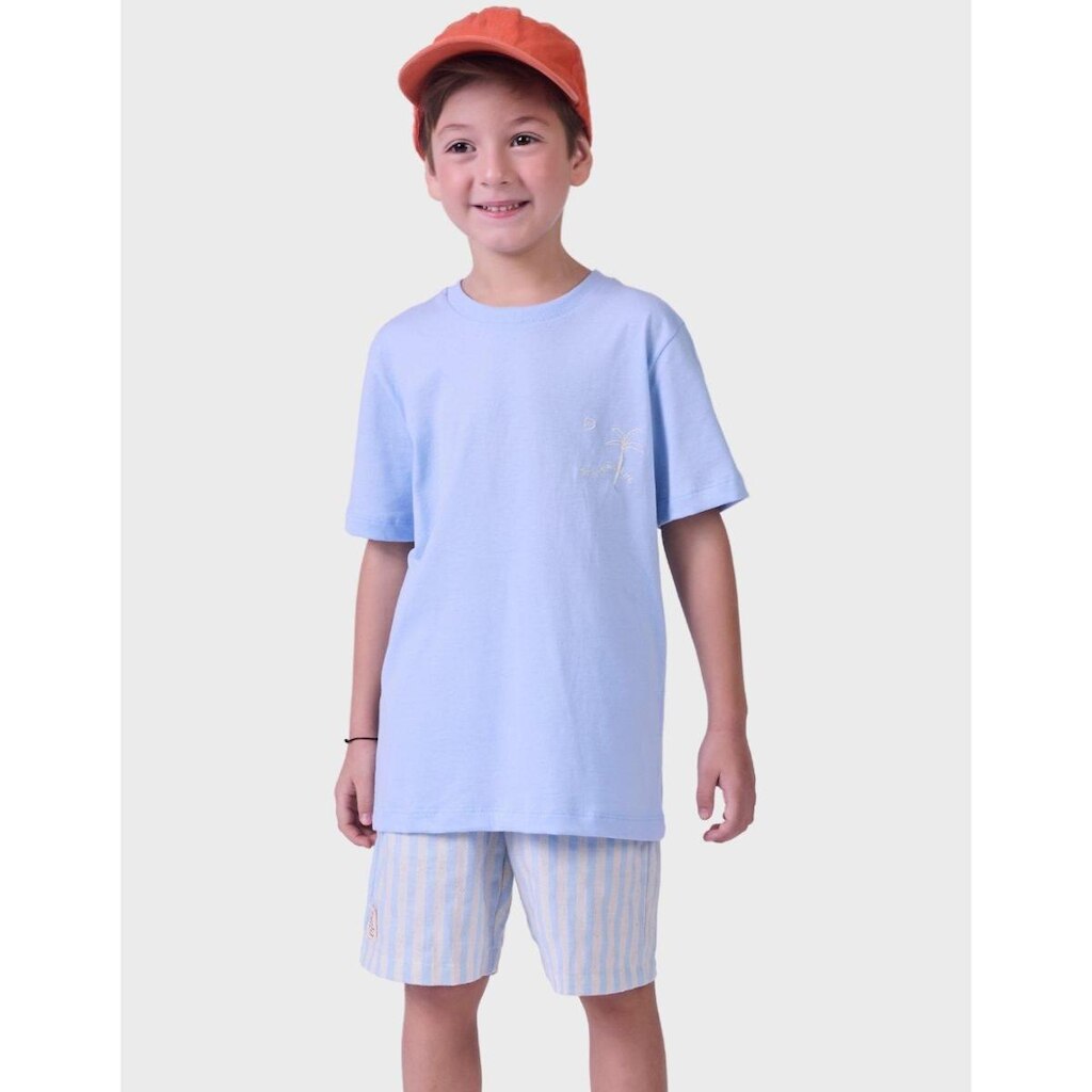 Conjunto De Verão Meia Malha Camisa Gola Canoa Com Bermuda Estlio Tecido Listrado Menino 4 a 14