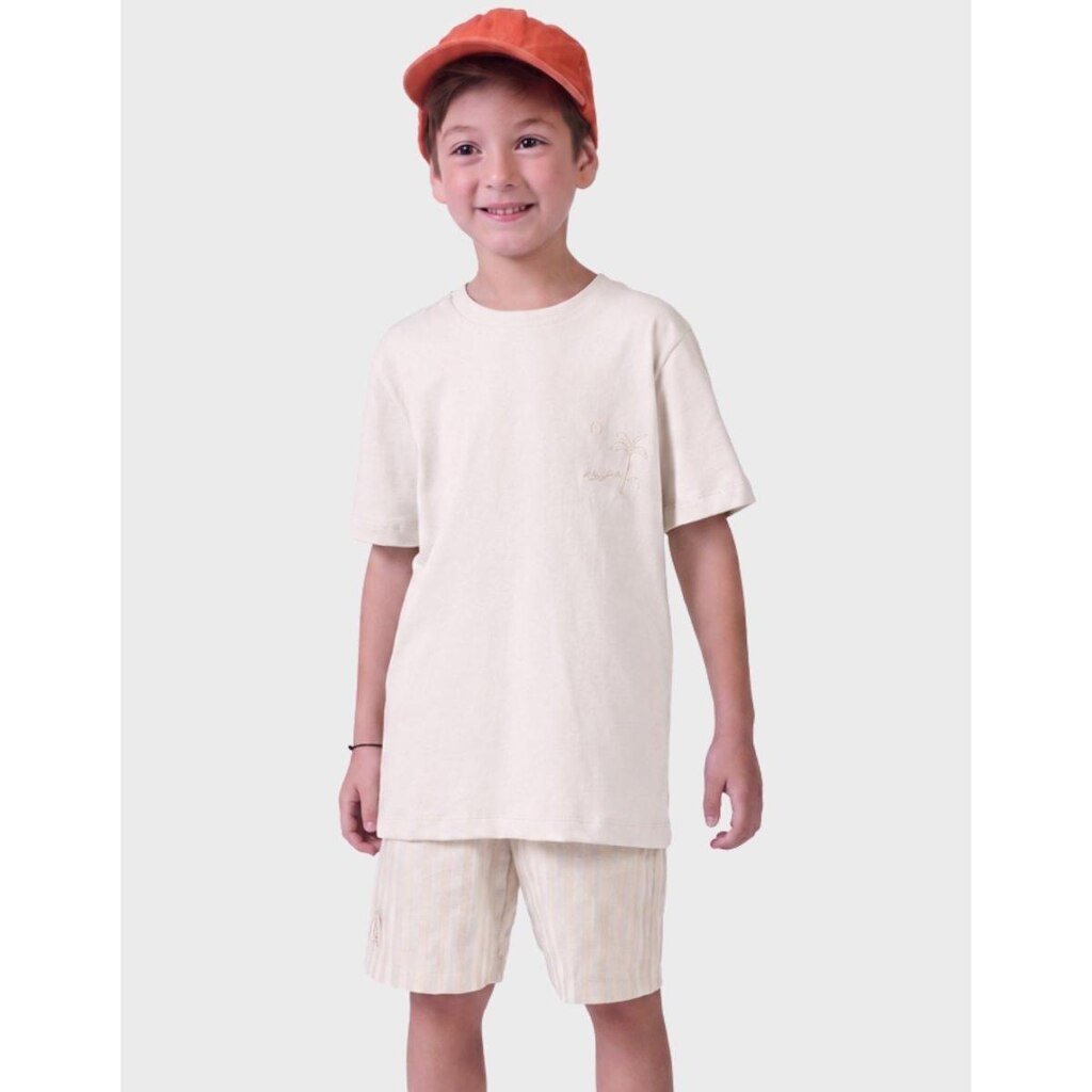 Conjunto De Verão Meia Malha Camisa Gola Canoa Com Bermuda Estlio Tecido Listrado Menino 4 a 14