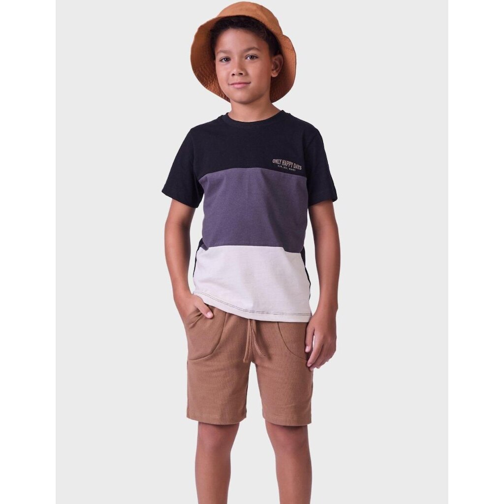 Conjunto Elegante Camisa Meia Malha Manga Curta Com Bermuda Moletinho Efeito Tricot Menino 4 a 14