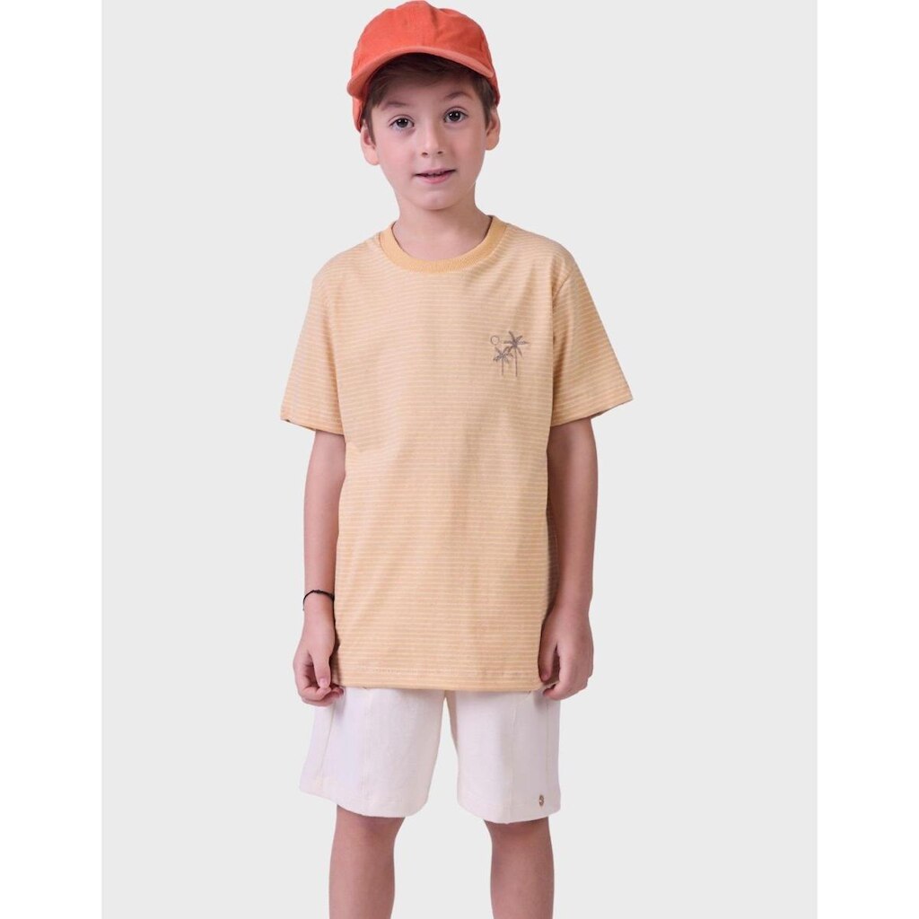 Conjunto Estampada Tropical Camisa Malha Listrada Com Bermuda Estilo Moletinho Menino 4 a 14