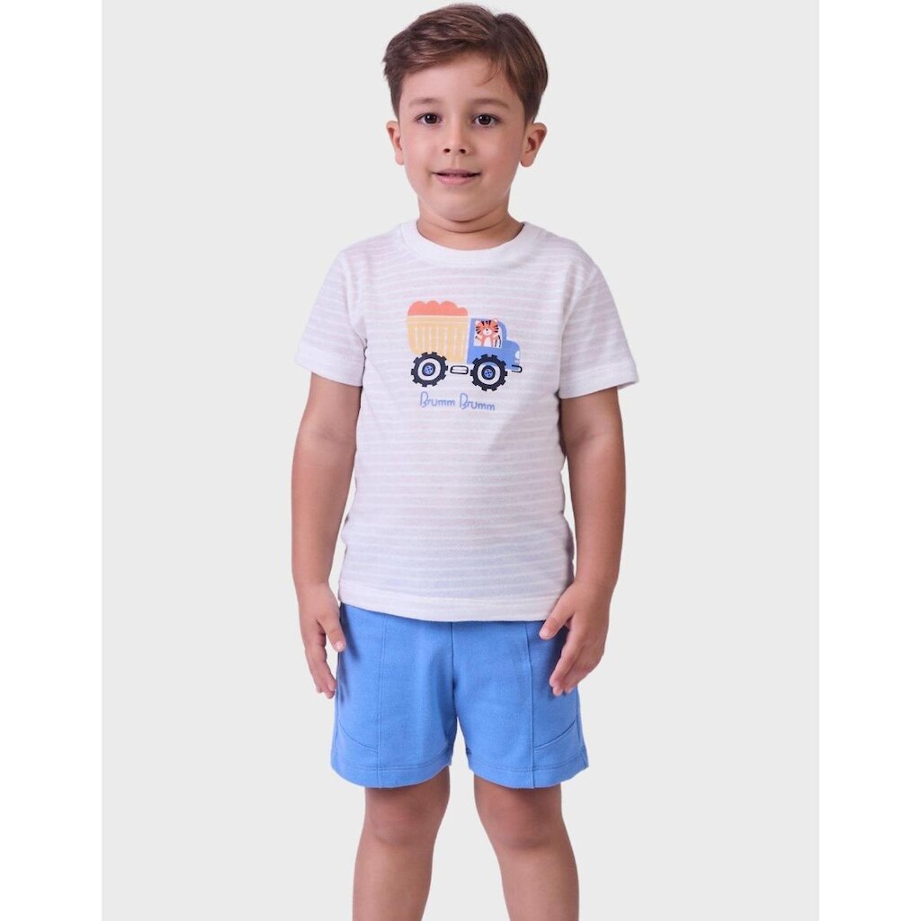 Conjunto Estampado Verão No Trem Tezturizado Com Bermuda Moletinho Suave Menino 1 a 4
