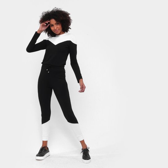 Conjunto ESV Blusa e Calça Moletinho Feminino - Preto+Off White