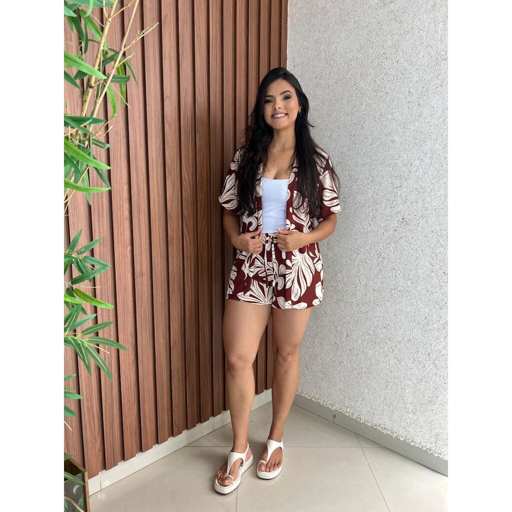 Conjunto Feminina Kimono Blusa E Short Estampado Crisconf