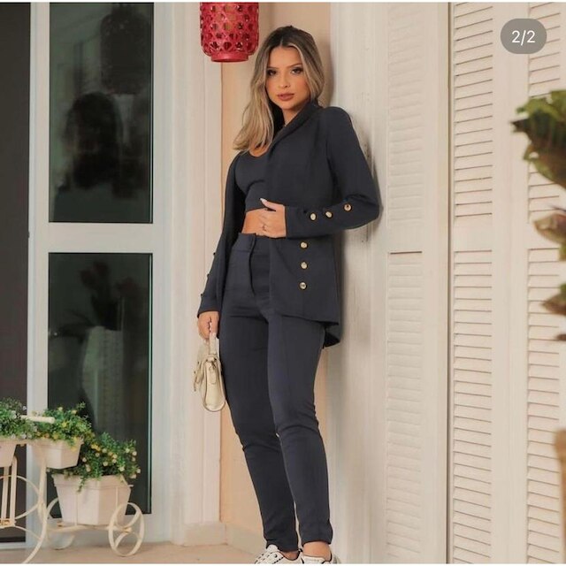 Conjunto Feminino 3 pecas Alfaiataria Calça + Blazer + Croped