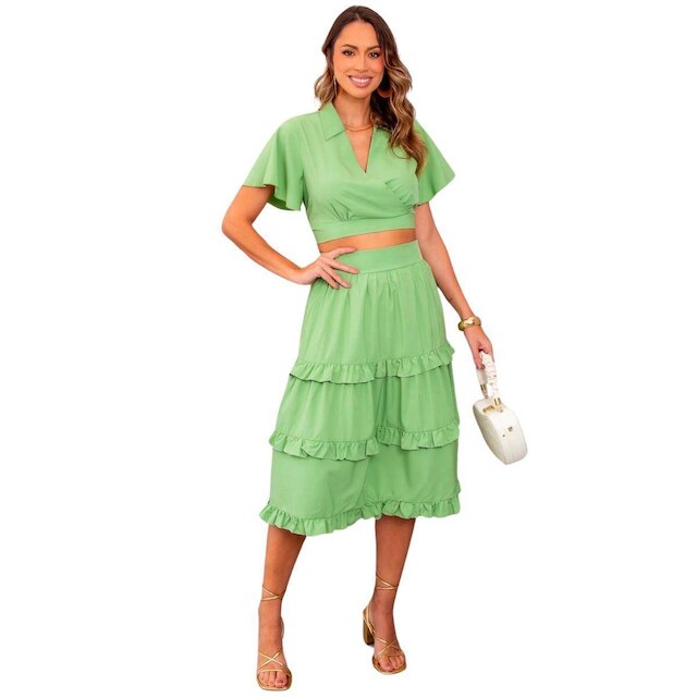 CONJUNTO FEMININO BLUSA E SAIA MIDI COM BABADOS EM CREPE COM FORRO ROM NTICO ELEGANTE