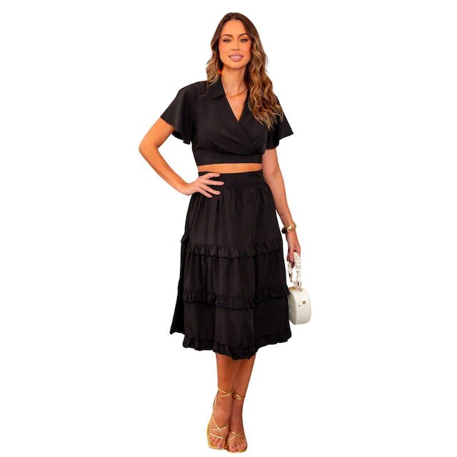 CONJUNTO FEMININO BLUSA E SAIA MIDI COM BABADOS EM CREPE COM FORRO ROM NTICO ELEGANTE