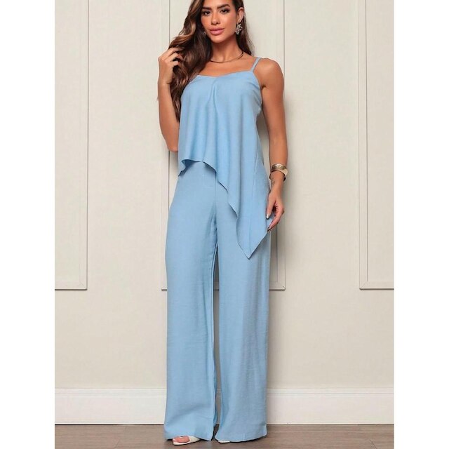 CONJUNTO FEMININO CALÇA SOCIAL FLARE E BLUSA TRANSVERSAL COM BABABDO REGATA ALCINHA ALFAITARIA