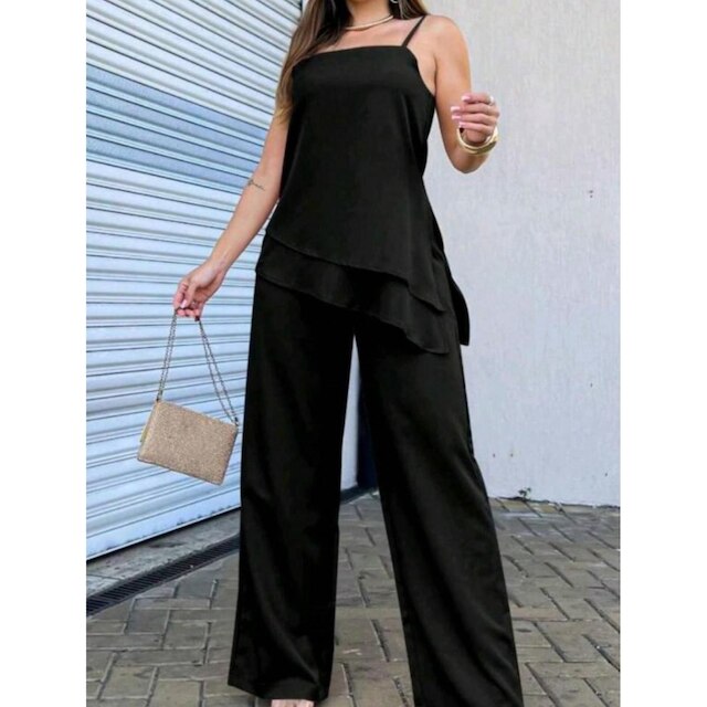 CONJUNTO FEMININO CALÇA SOCIAL FLARE E BLUSA TRANSVERSAL REGATA ALCINHA ALFAITARIA CHIQUE
