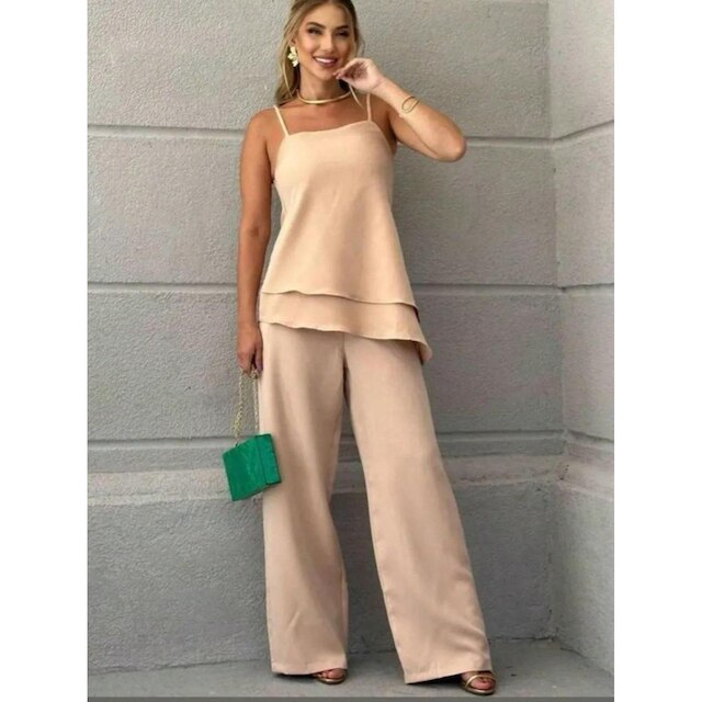 CONJUNTO FEMININO CALÇA SOCIAL FLARE E BLUSA TRANSVERSAL REGATA ALCINHA ALFAITARIA CHIQUE