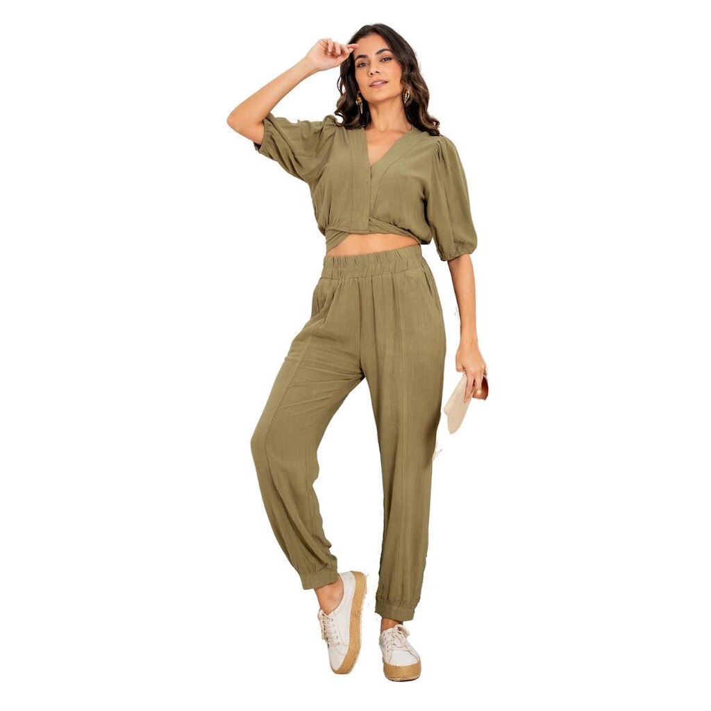 Conjunto Feminino Cropped e Calça em Linho com Viscose Premium