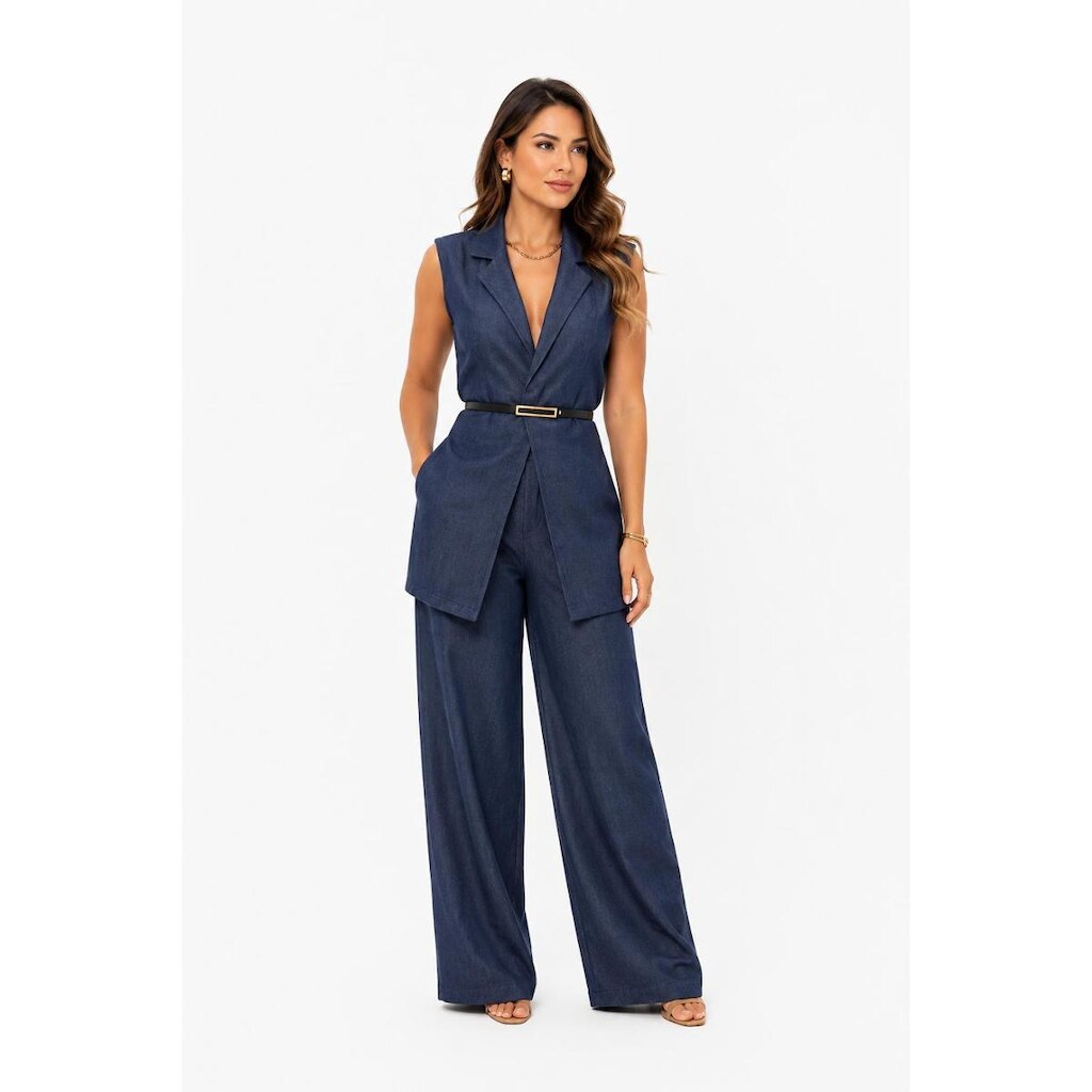 Conjunto Feminino D Bell Outlet Fashion Alfaiataria Azul Escuro