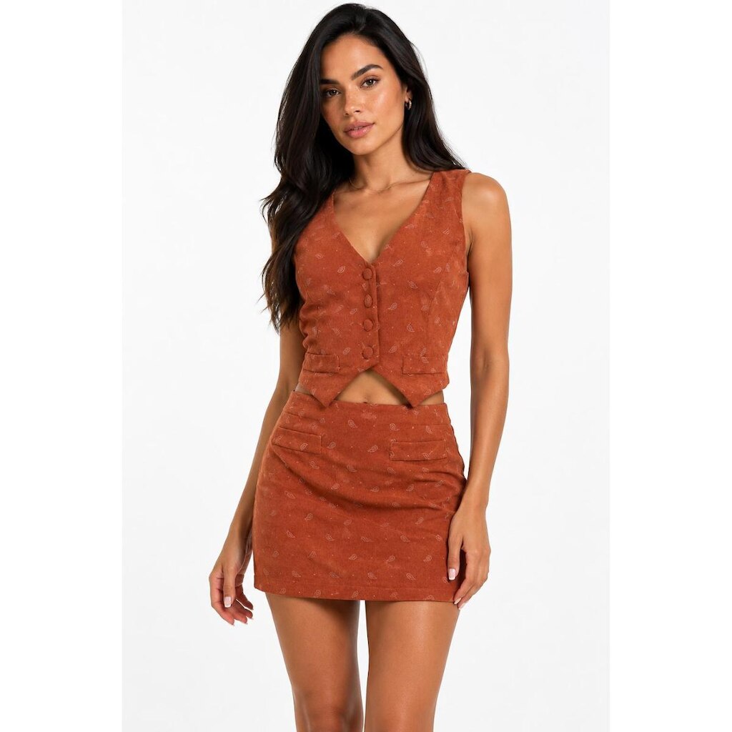 Conjunto Feminino D Bell Outlet Fashion Colete e Saia Terracota