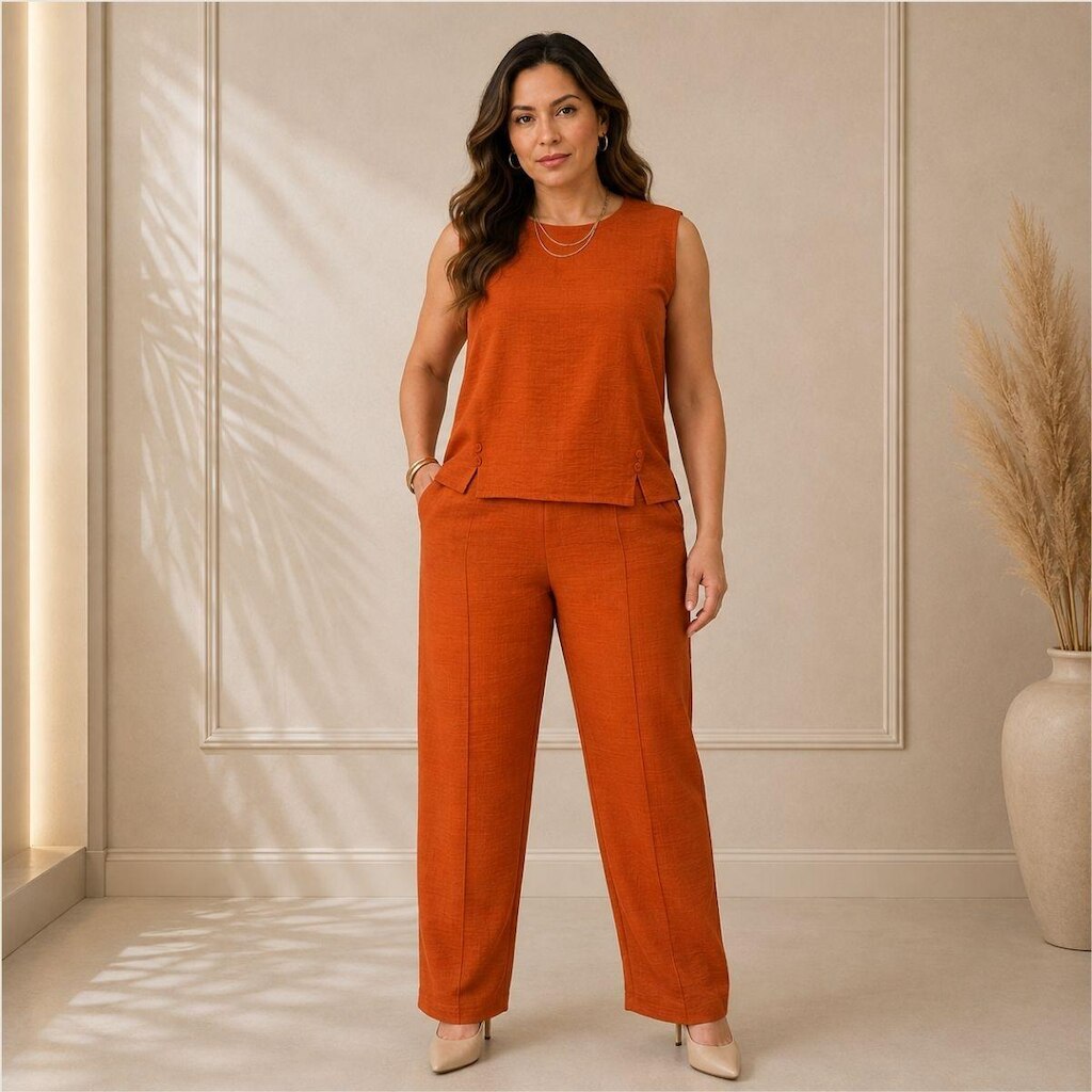 Conjunto Feminino Duna Linho Regata Calça Soltinha Casual