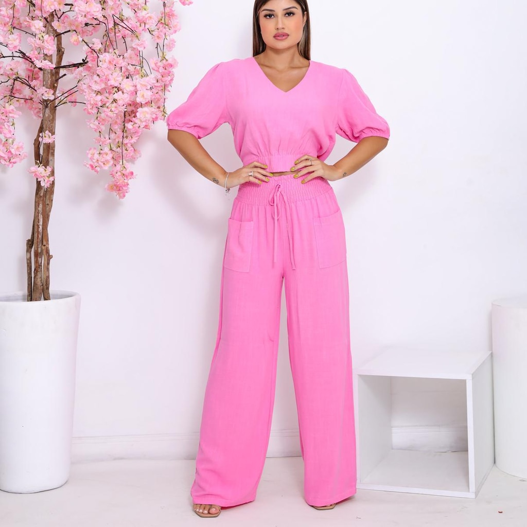 Conjunto Feminino Fashion Calça Flare e Blusa Manga Bufante Premium