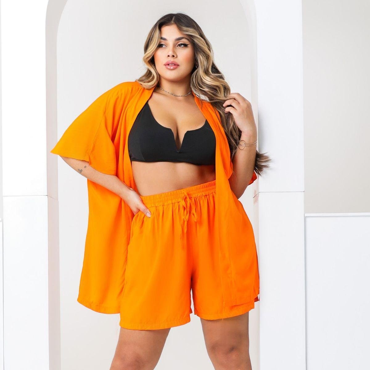 Conjunto Feminino Kimono/Cardigan e Short Plus Size - Julia Menor preço em Conjunto Feminino Kimono/Cardigan e Short Plus Size - Julia