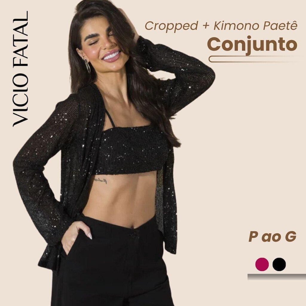 Conjunto Feminino Paetê 2 Peças Top + Kimono