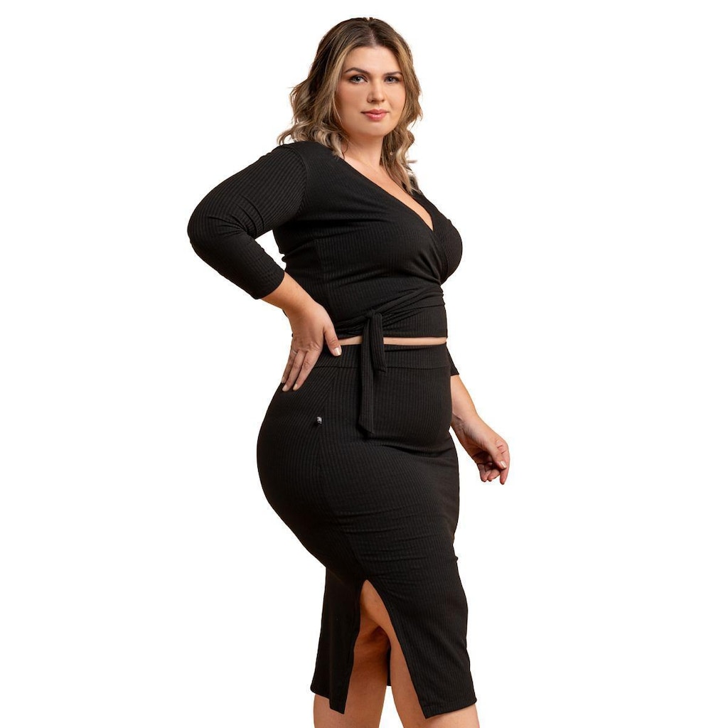 Conjunto Feminino Plus Size Transpassada Cropped Envelope Saia Midi Fenda