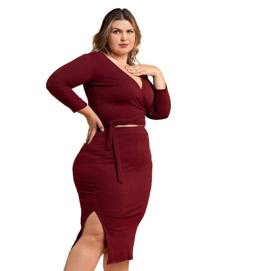 Conjunto Feminino Plus Size Transpassada Cropped Envelope Saia Midi Fenda