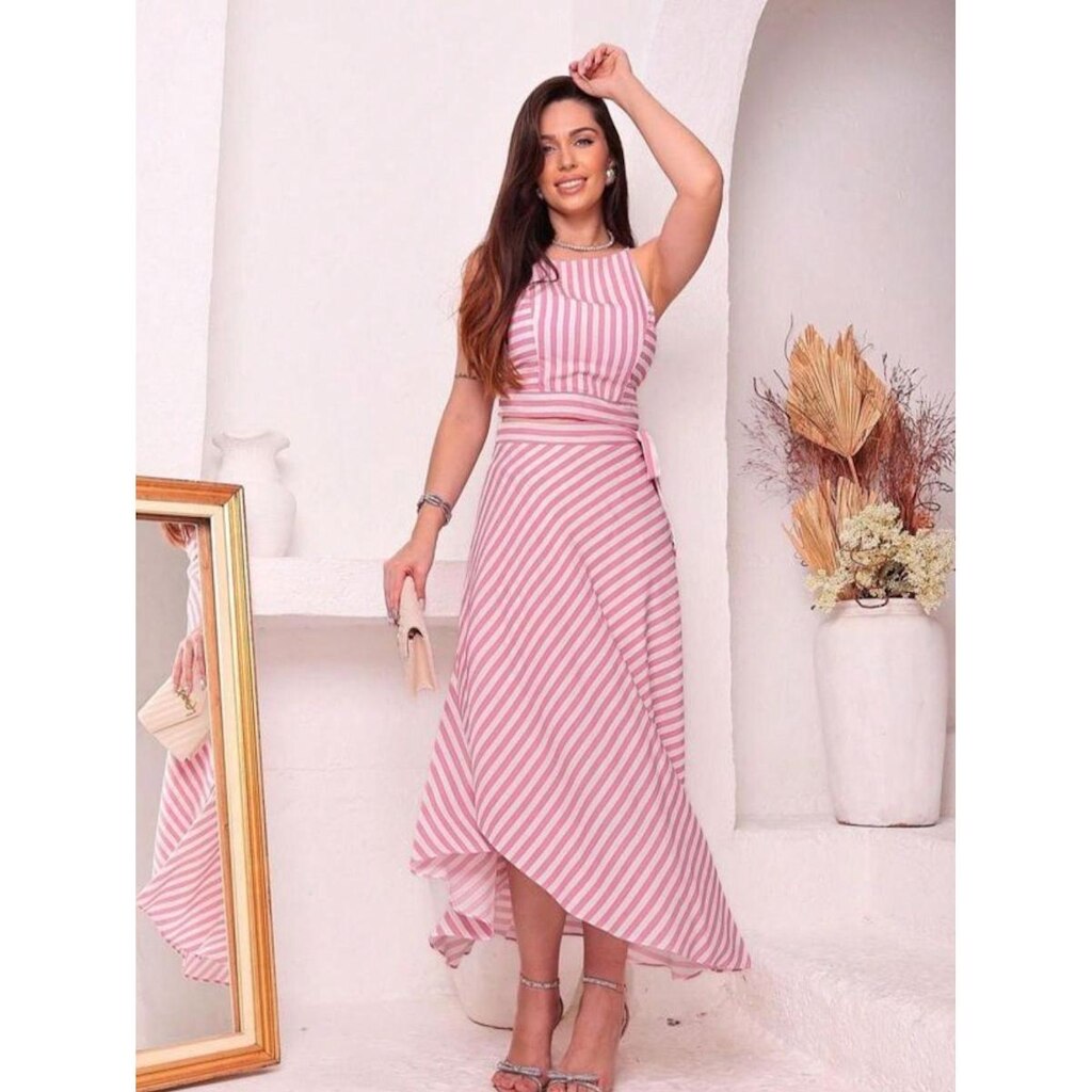 CONJUNTO FEMININO SAIA MIDI ENVELOPE E TOP CROPPED REGATA ALCINHA LISTRADO