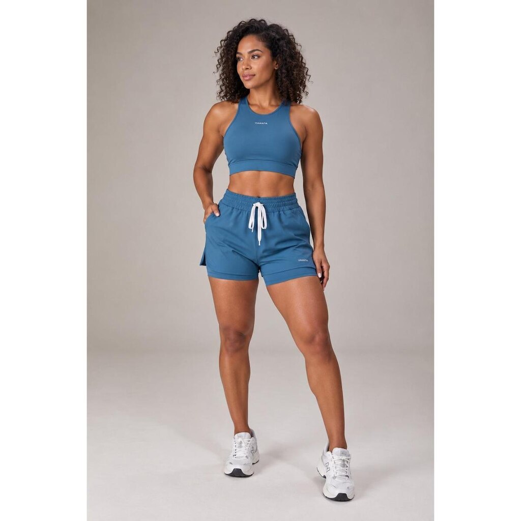 Conjunto Feminino Shimmer Short Duplo Com Bolso Azul Petroleo