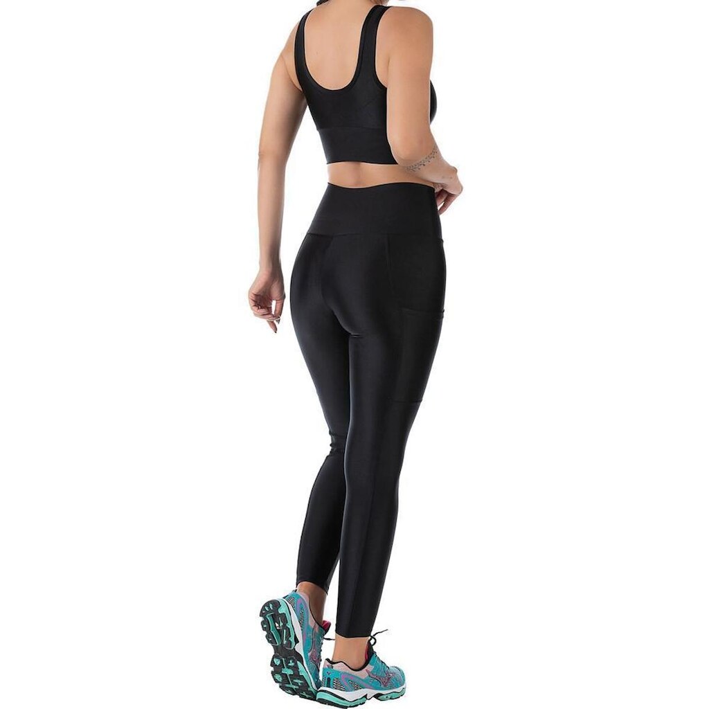 Conjunto Fitness Cirrê Top Bojo Removível e Calça Cós Alto Com Bolso Summer Soul