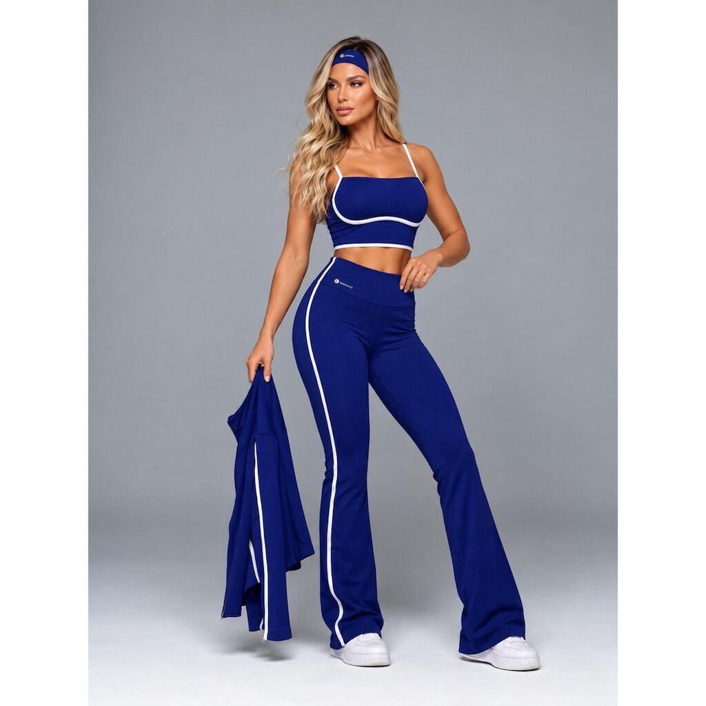 Conjunto Fitness Feminino Aura Flex Flor Brasil Calça Flare e Cropped com Bojo MARINHO