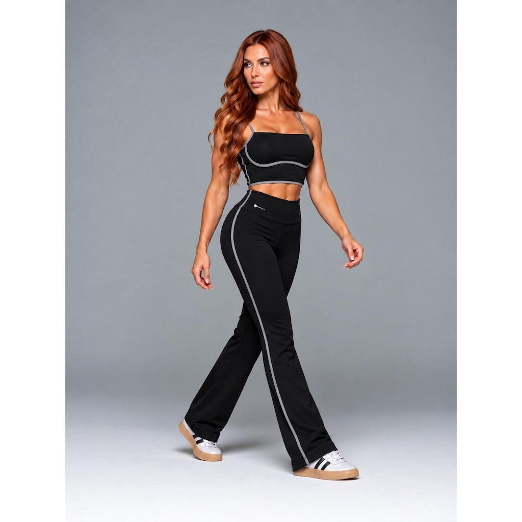 Conjunto Fitness Feminino Aura Flex Flor Brasil Calça Flare e Cropped com Bojo PRETO