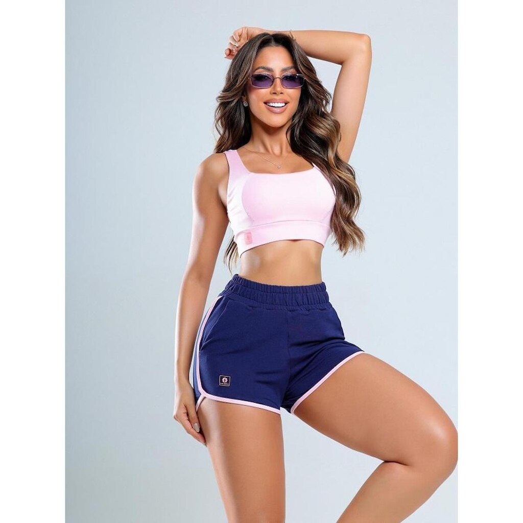 Conjunto Fitness Feminino Top e Short Runner Ella Flor Brasil Marinho