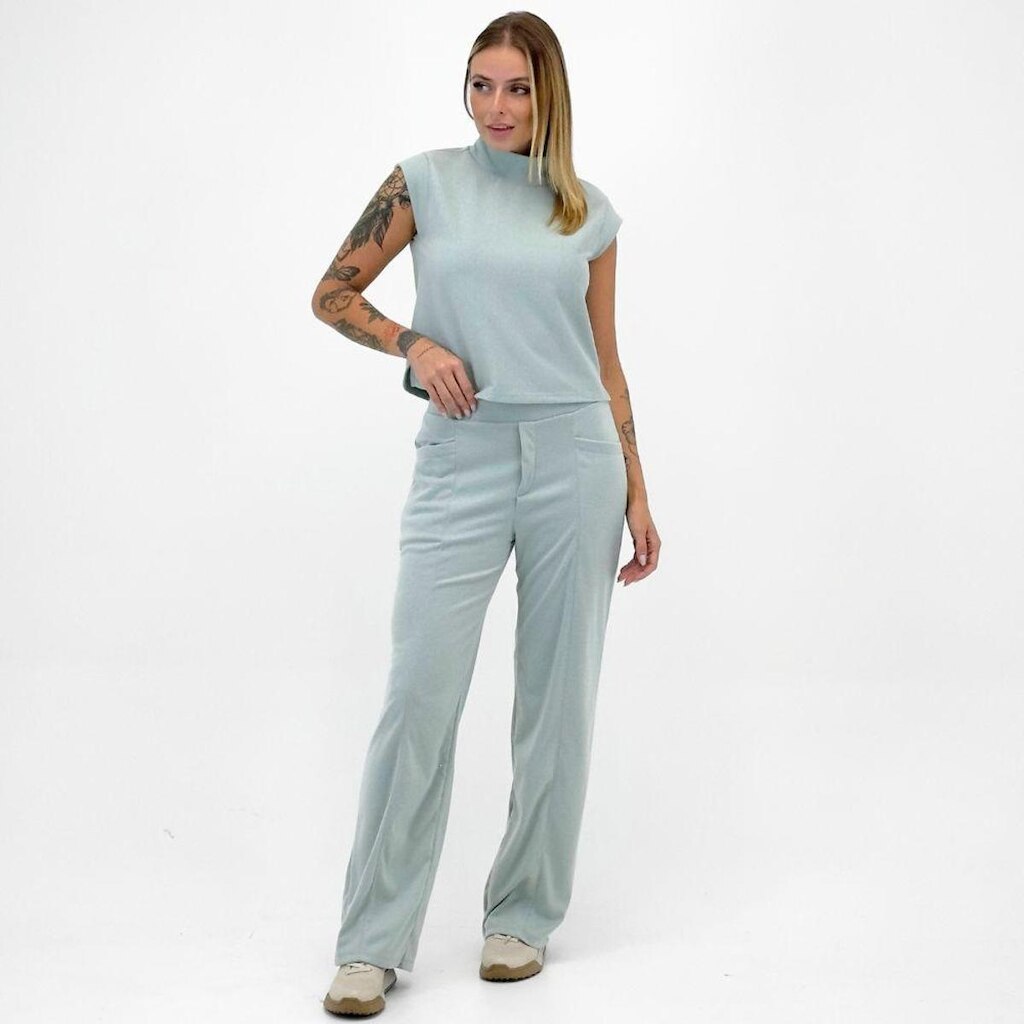 Conjunto Gris em Tecido Blusa Regata e Calça Wide Leg Feminino