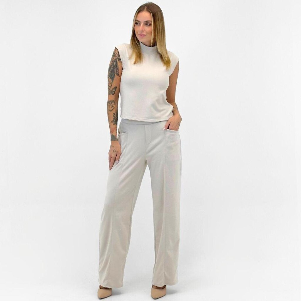 Conjunto Gris em Tecido Blusa Regata e Calça Wide Leg Feminino