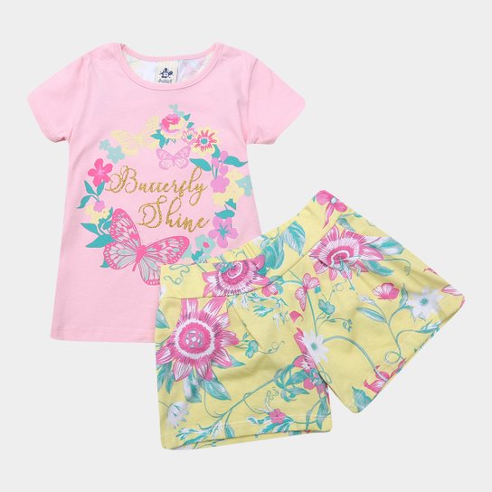 Conjunto Infantil Andritex Cotton E Shorts Em Malha Floral Borboleta Feminino - Rosa Claro