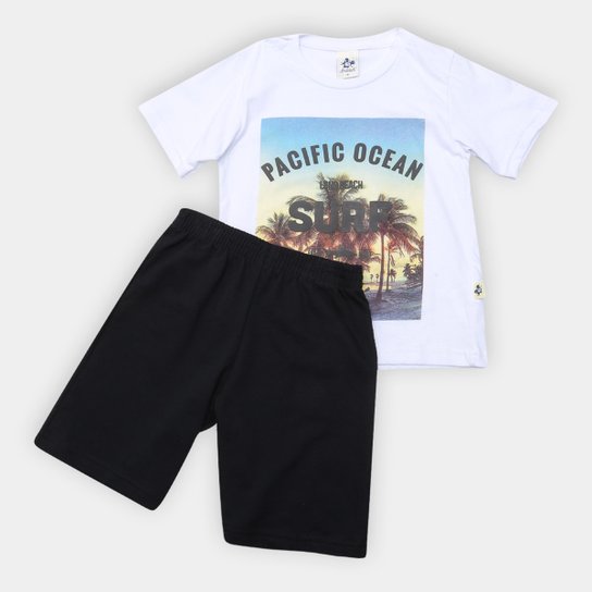 Conjunto Infantil Andritex Malha E Bermuda Moletinho Pacific Ocean Masculino - Branco