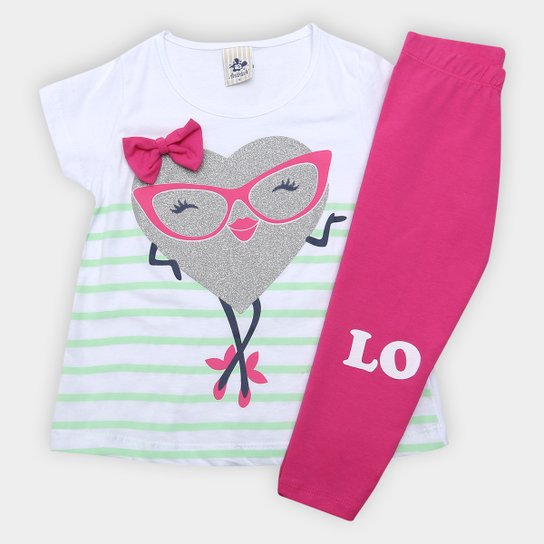 Conjunto Infantil Andritex Malha E Legging Cotton Coração Feminino - Branco