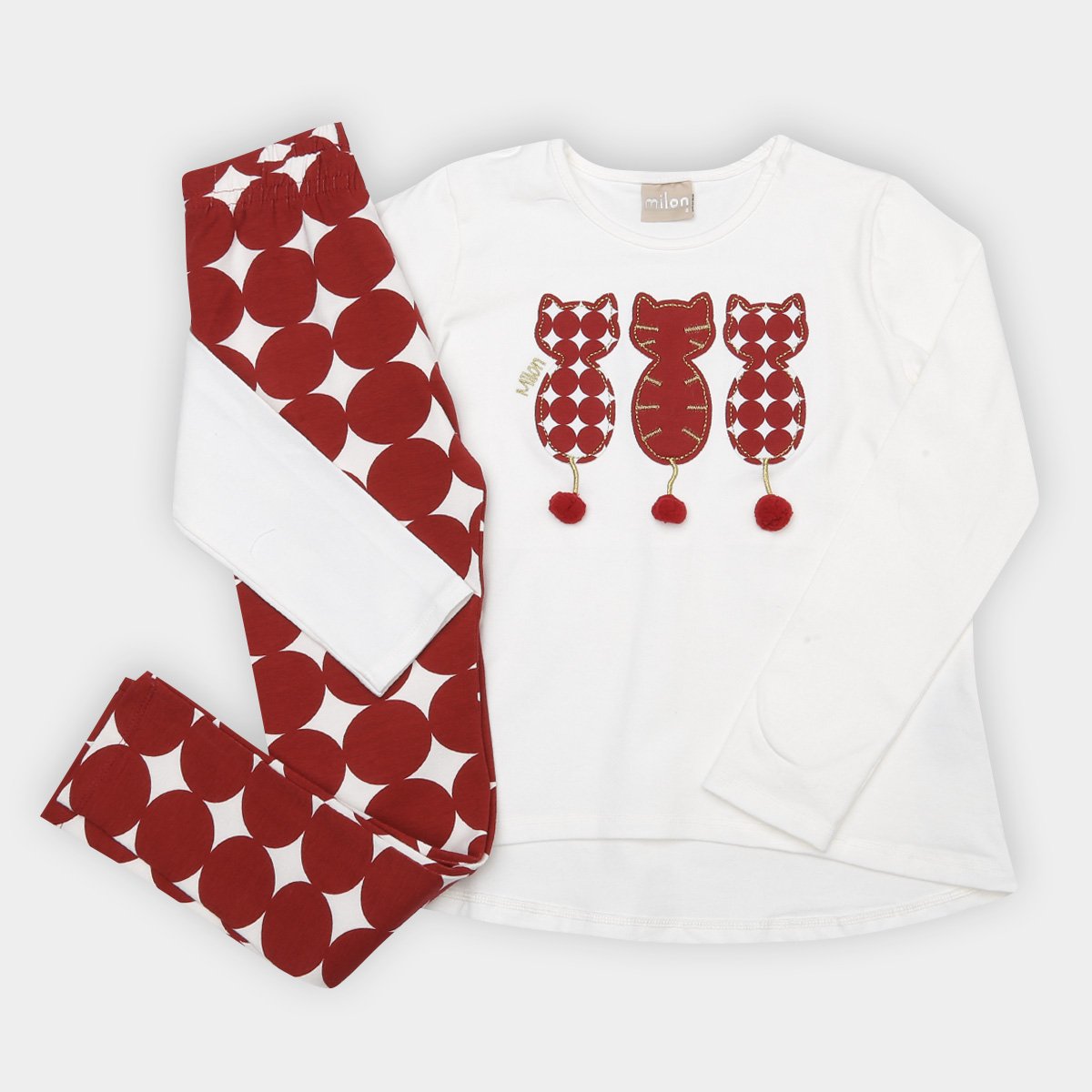 Conjunto Infantil Blusa Gatinhos + Calça Legging Póa Milon Feminina - Vermelho Menor preço em Conjunto Infantil Blusa Gatinhos + Calça Legging Póa Milon Feminina - Vermelho