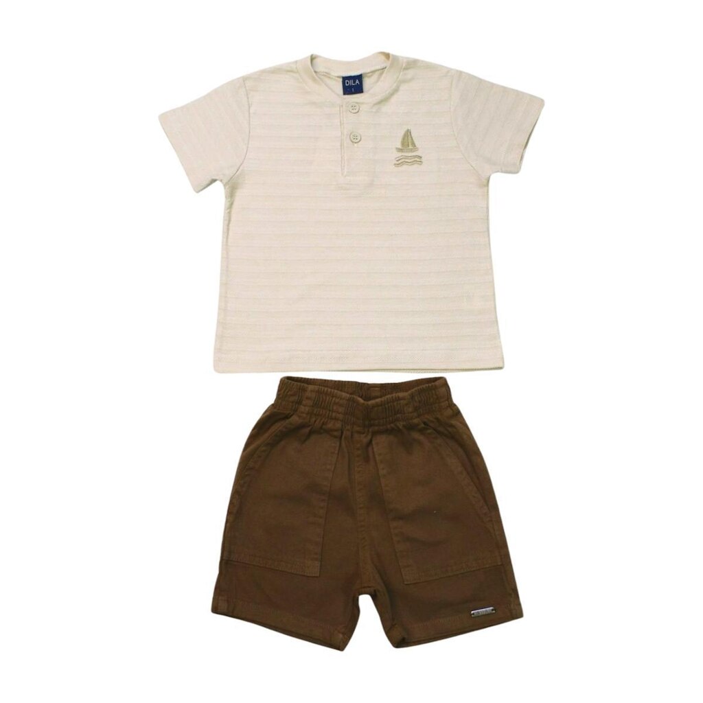 Conjunto Infantil Camiseta Bordado Barco e Bermuda Sarja  Dila Masculino