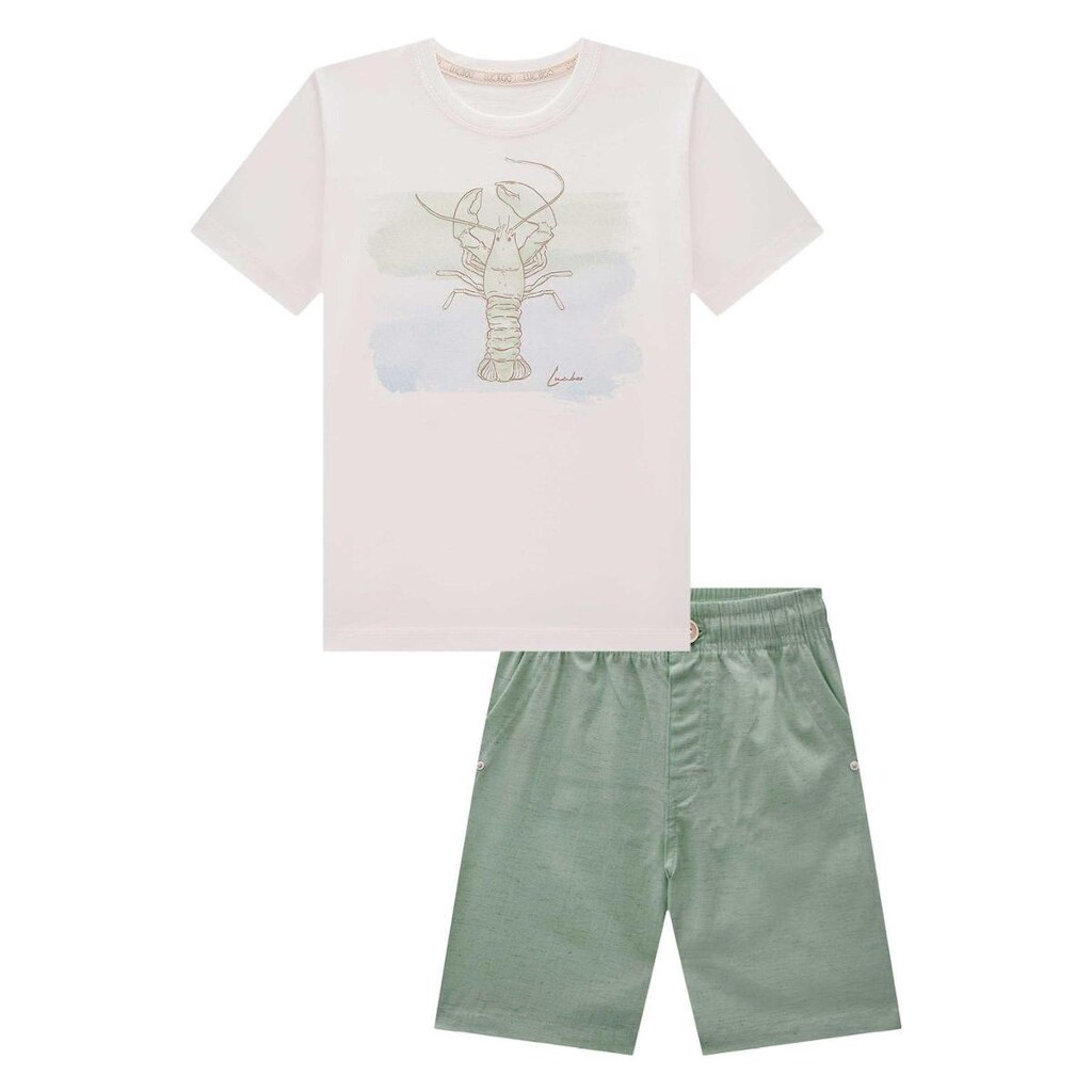 Conjunto Infantil Camiseta Off White/Bermuda Verde Luc.boo
