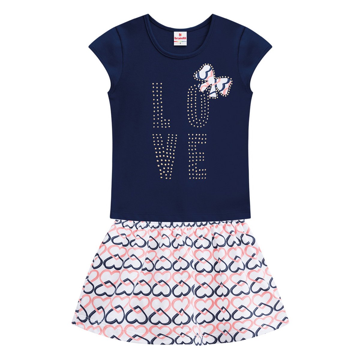 Conjunto Infantil Curto Brandili Love Corações Feminino - Marinho Menor preço em Conjunto Infantil Curto Brandili Love Corações Feminino - Marinho