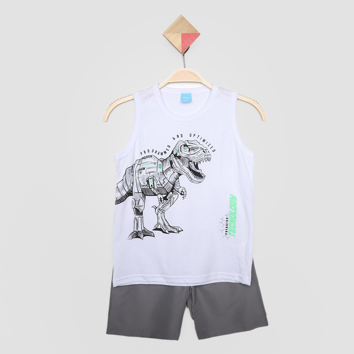 Conjunto Infantil Curto Kamylus Dino Regata e Shorts Menino - Branco Menor preço em Conjunto Infantil Curto Kamylus Dino Regata e Shorts Menino - Branco
