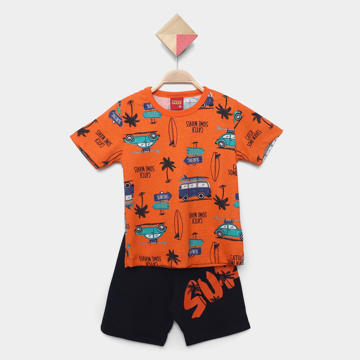 Conjunto Infantil Curto Kyly Tropical Camiseta e Short Menino - Laranja Menor preço em Conjunto Infantil Curto Kyly Tropical Camiseta e Short Menino - Laranja