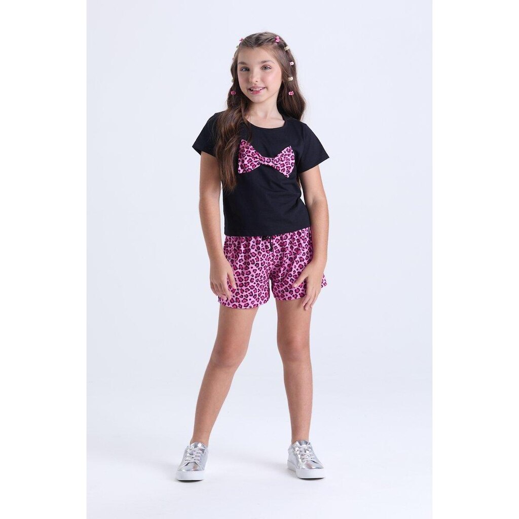 Conjunto Infantil de Verão Menina Laço Oncinha