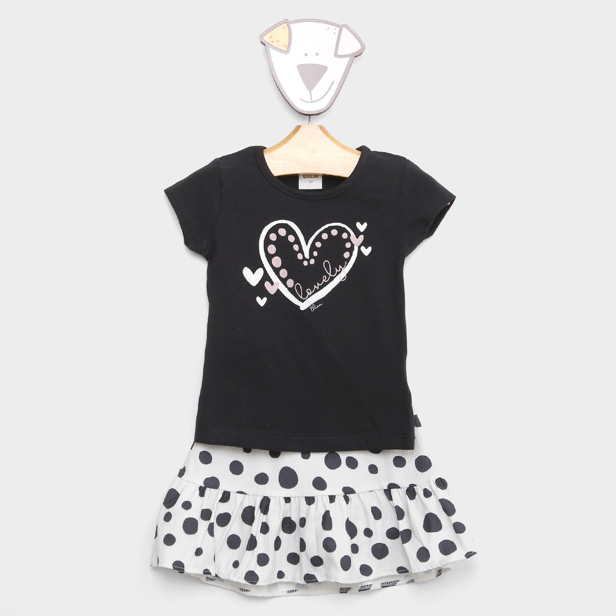 Conjunto Infantil Elian Coração Blusa + Saia Menina - Preto Menor preço em Conjunto Infantil Elian Coração Blusa + Saia Menina - Preto