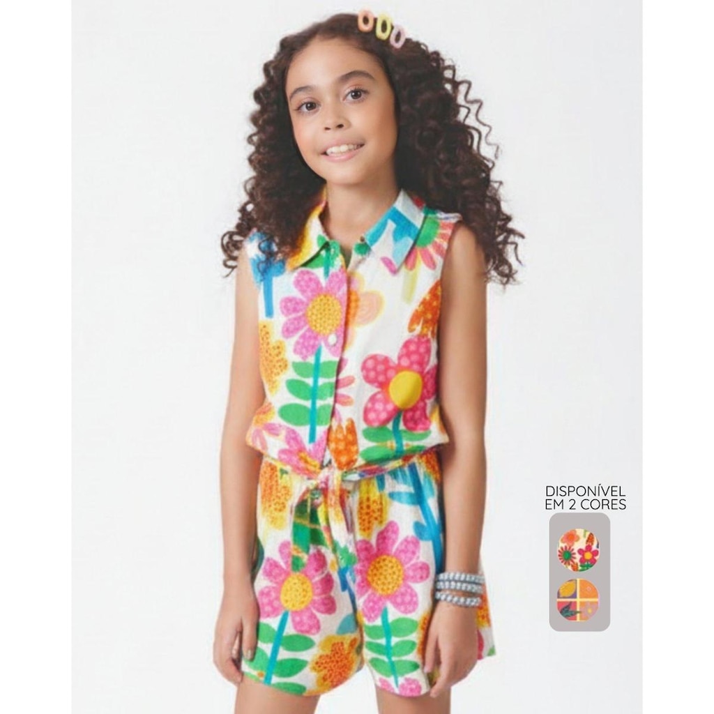 Conjunto infantil estampado verão leve fresco estiloso - Vermelho e Amarelo - Menina 4 a 14 anos