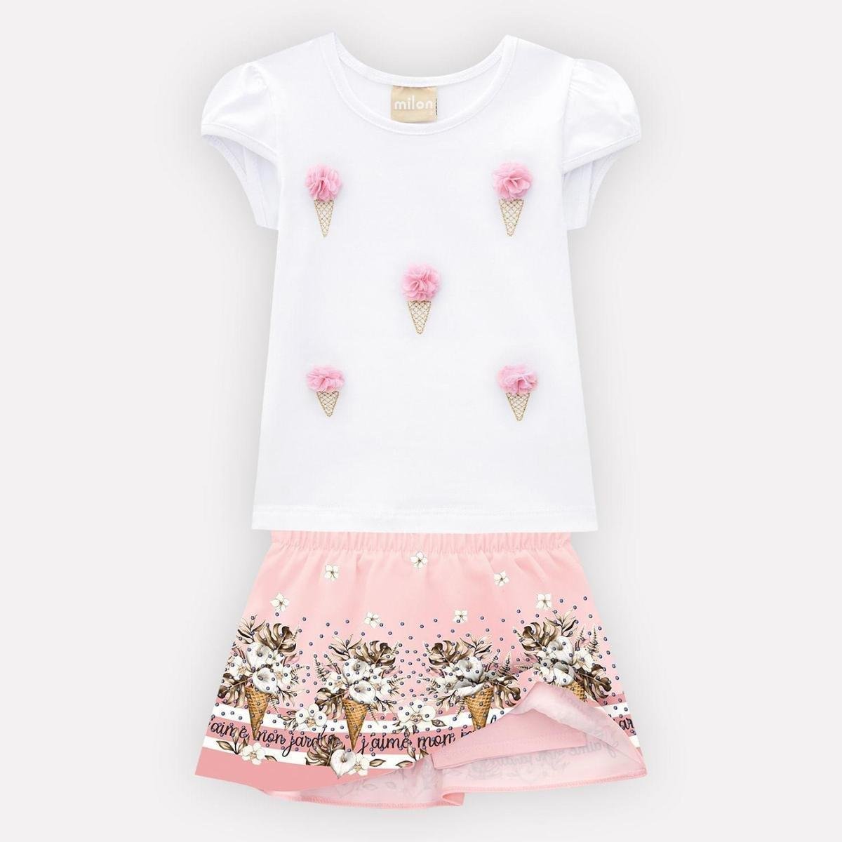 Conjunto Infantil Feminino Blusa + Saia Milon 13375.0452.1 Milon - Branco+Rosa Menor preço em Conjunto Infantil Feminino Blusa + Saia Milon 13375.0452.1 Milon - Branco+Rosa
