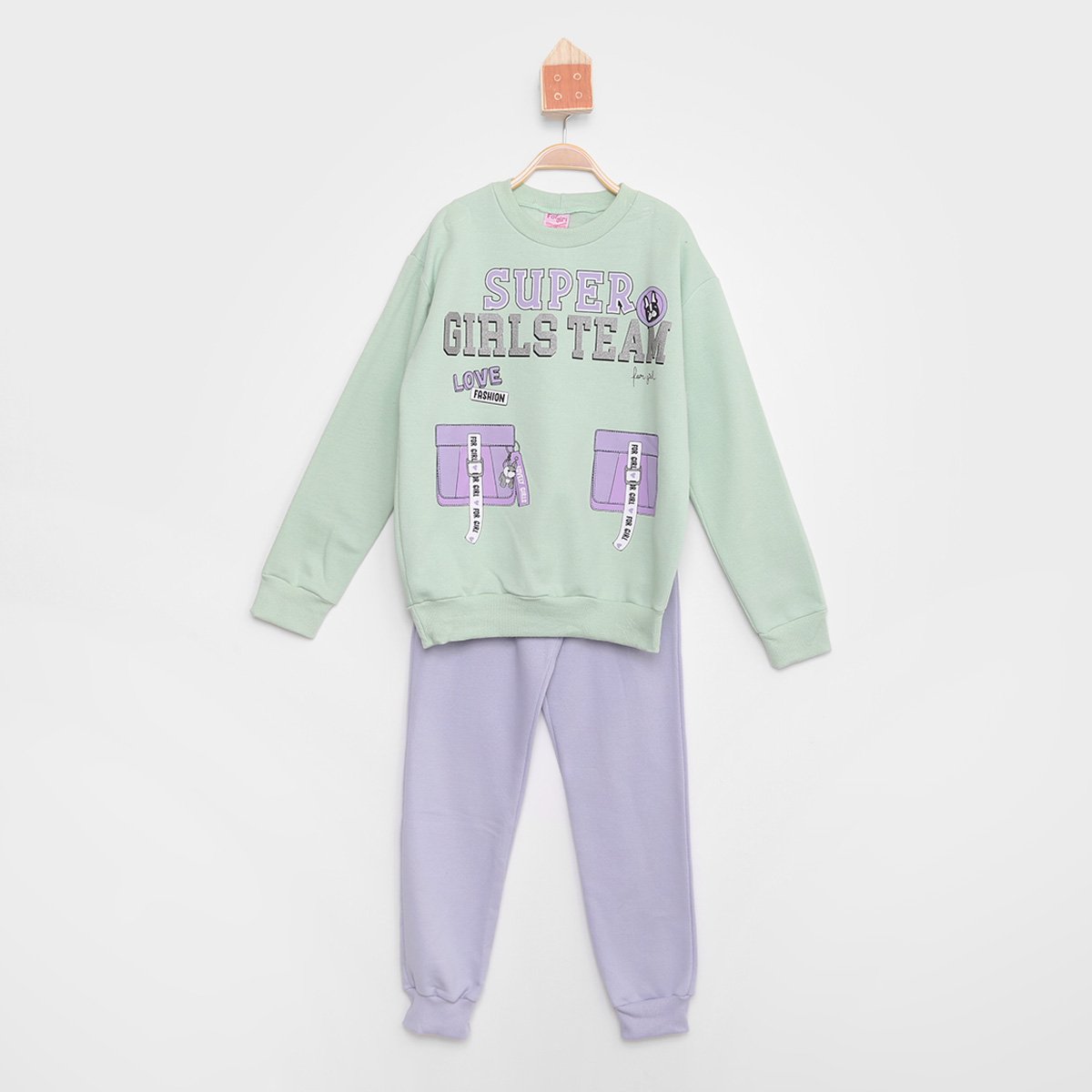 Conjunto Infantil For Girl Moletom Peluciado Glitter Super Girls Feminino - Verde claro Menor preço em Conjunto Infantil For Girl Moletom Peluciado Glitter Super Girls Feminino - Verde claro