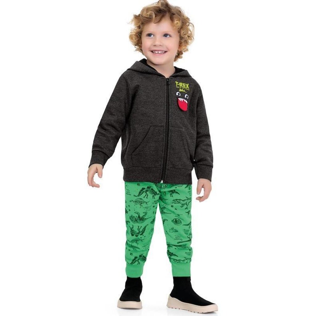 Conjunto Infantil Jaqueta Com Capuz Com Barbatanas  e Calça Moletom Peluciado Dinossauro 2 peças Tam