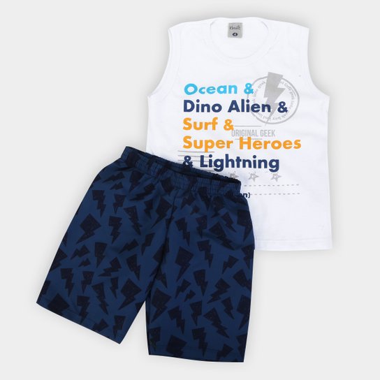 Conjunto Infantil Kamylus Estampado Masculino - Branco+Marinho