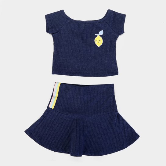 Conjunto Infantil Kamylus Malha Canelada Patch Feminino - Marinho