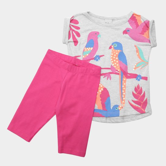 Conjunto Infantil Kiko & Kika Pássaros Feminino - Cinza